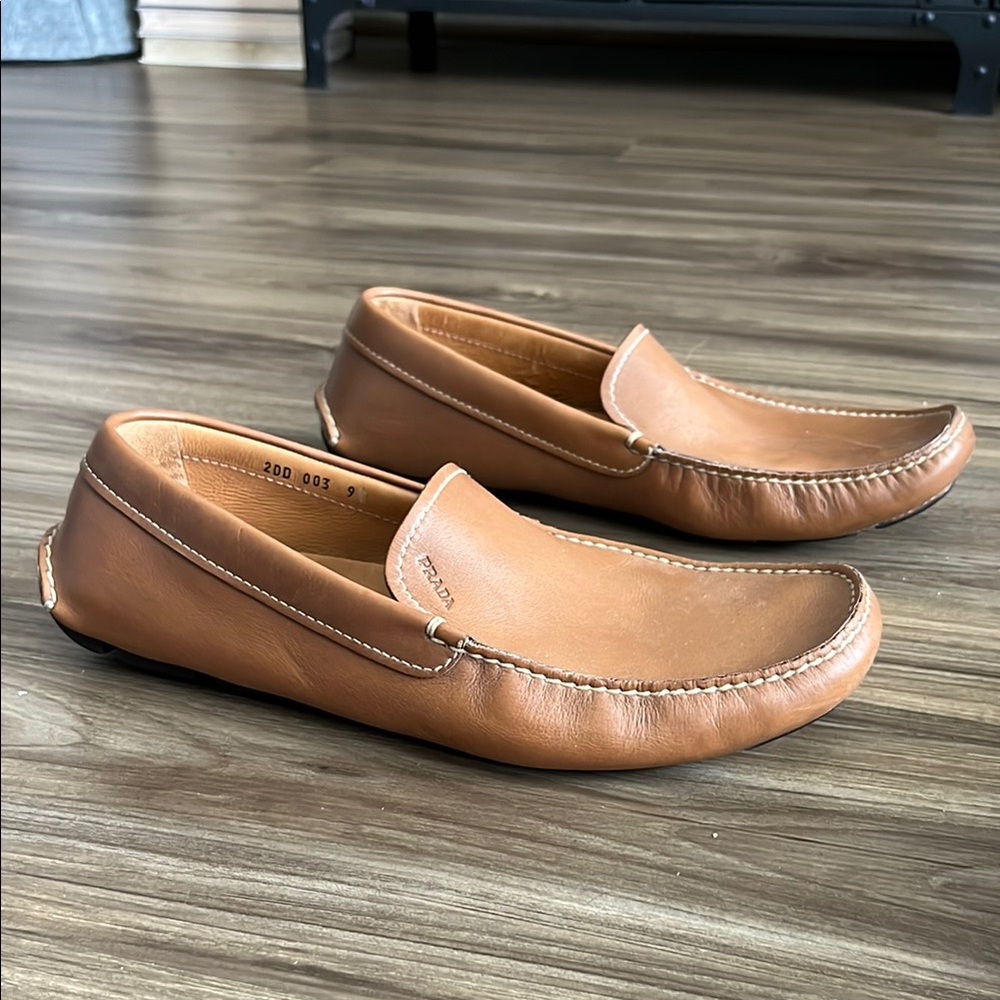 Prada Tan Leather Driving Loafers Moccasin Style Slip Ons Embossed Branded Logo